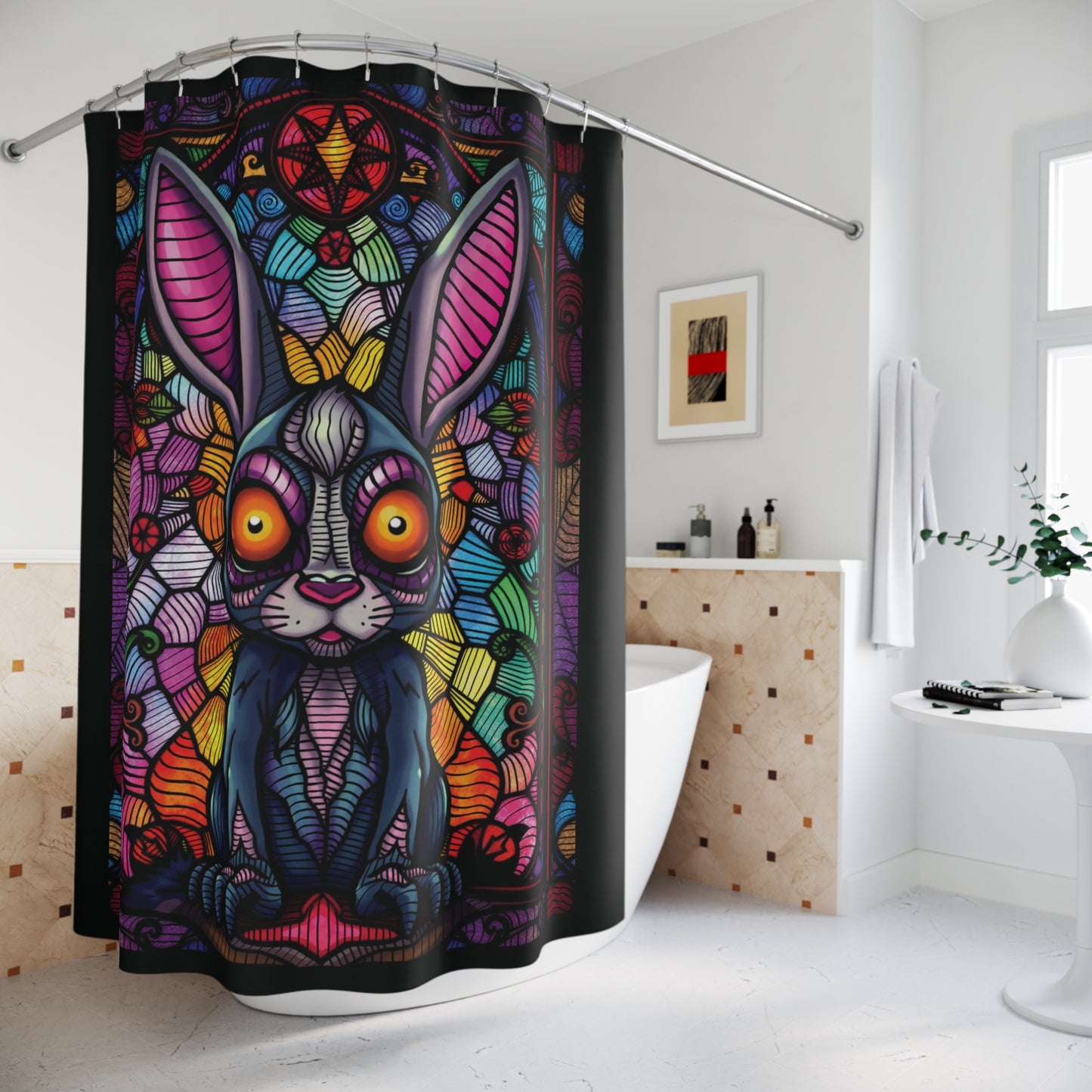 Creepy bunny stain glass Shower Curtains